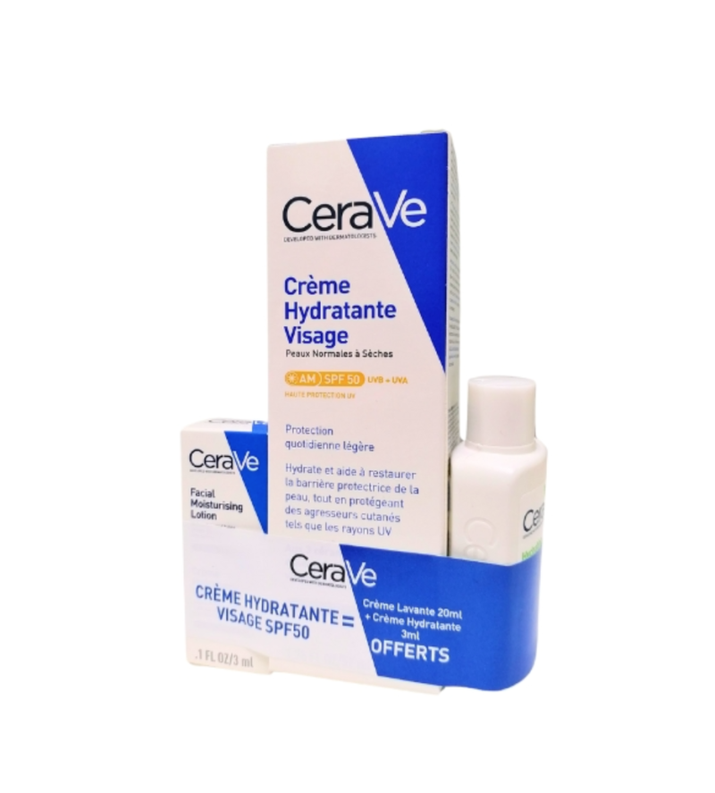 Cerave Creme Hydratante Spf50 52ml + Creme Hydratante Et Creme Lavante Format Voyage Offertes